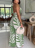 Sexy Print Halter Neck Top Wide Leg Pants Two-Piece Set