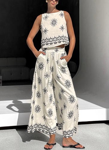 Fashion Women's Casual Printed Sleeveless Top Wide-leg Pants Suit