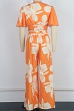 New Arrival Tropical Print Pleated Butterfly Sleeve Top With Lace-Up Wide-Leg Pants Two-Piece Set