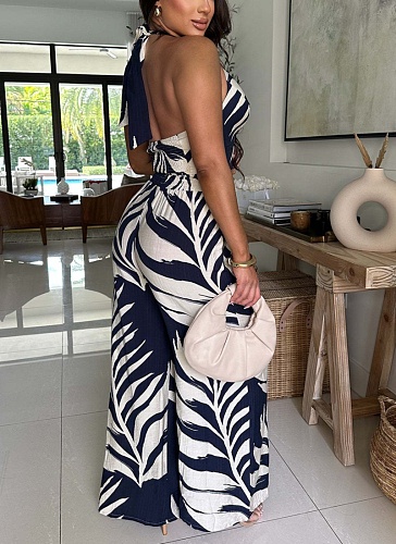 Sexy Print Halter Neck Top Wide Leg Pants Two-Piece Set