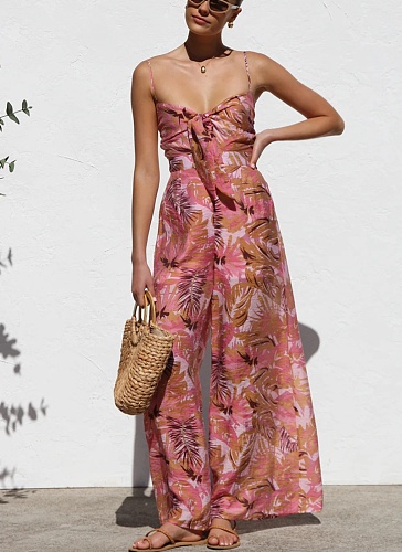 New Printed Lace-Up High-Waisted Suspender Wide-Leg Jumpsuit