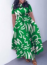 New Fashion Temperament Lace-up Printed Short Sleeve Large Swing Dress