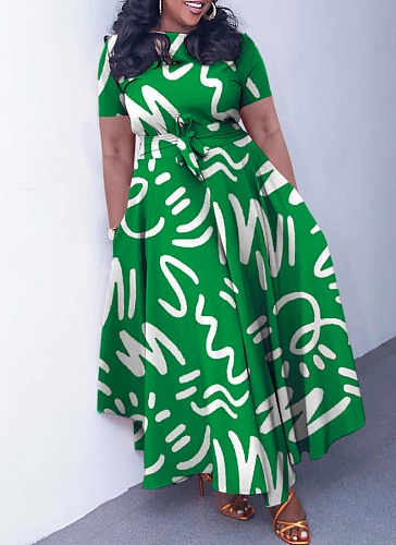 New Fashion Temperament Lace-up Printed Short Sleeve Large Swing Dress