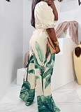 Women's Printed V-Neck Lantern Short Sleeve Wide Leg Trousers Set