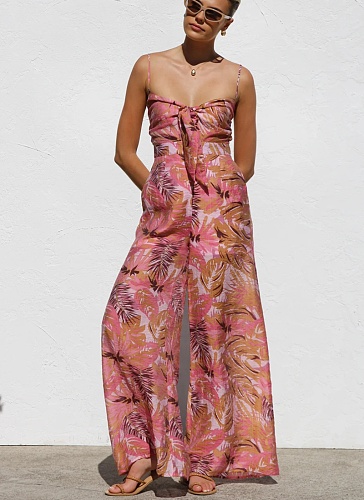 New Printed Lace-Up High-Waisted Suspender Wide-Leg Jumpsuit