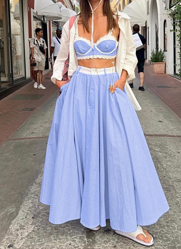 Fashion Lace Stitching Camisole High Waist Wide Swing Skirt Two Piece Set