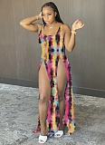 Fashion Women's Printed Beach Dress Gradient Slit Suspender Dress
