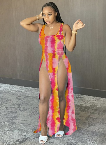 Fashion Women's Printed Beach Dress Gradient Slit Suspender Dress