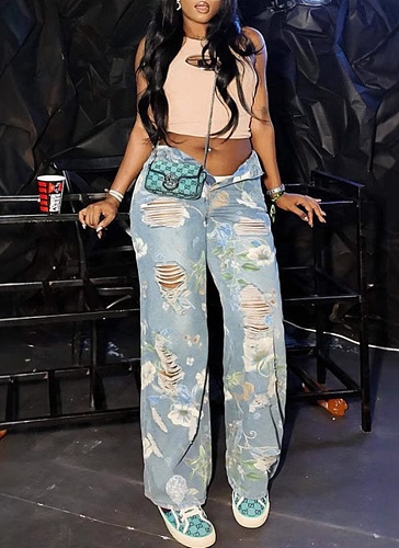 New Floral Graffiti Print Ripped High Waist Loose Straight Jeans