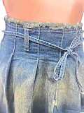Casual Washed Denim Short Pleated Skirt