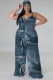 Sleeveless V-Neck Thin Sling Print Wide-Leg Jumpsuit (With Headscarf)