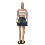 Casual Washed Denim Short Pleated Skirt