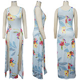 Fashion Women's Printed Beach Dress Gradient Slit Suspender Dress
