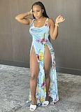 Fashion Women's Printed Beach Dress Gradient Slit Suspender Dress