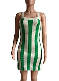 New Fashion Temperament Green Striped Hollow Knitted Suspender Dress For Women