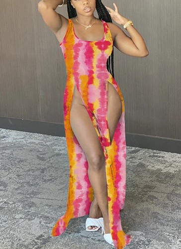 Fashion Women's Printed Beach Dress Gradient Slit Suspender Dress