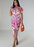 Ethnic Style V-neck Tight Slit Positioning Pleated Dressen