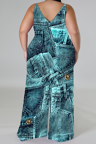 Sleeveless V-Neck Thin Sling Print Wide-Leg Jumpsuit (With Headscarf)