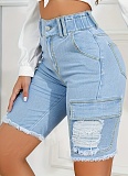 Casual Pocket Ripped Raw Edge Slim Fit Denim Shorts