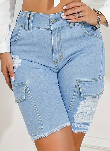 Casual Pocket Ripped Raw Edge Slim Fit Denim Shorts