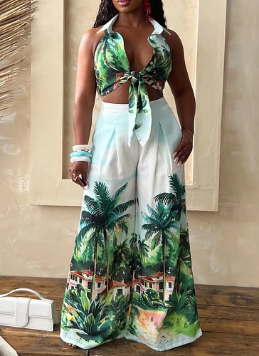Fashion Printed Sleeveless Shirt Collar Wide Leg Pants Set