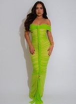 Fashionable and Sexy One-shoulder Pleated Mesh Maxi Dress