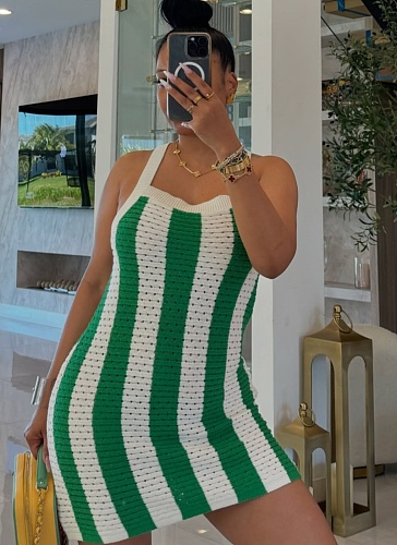 New Fashion Temperament Green Striped Hollow Knitted Suspender Dress For Women