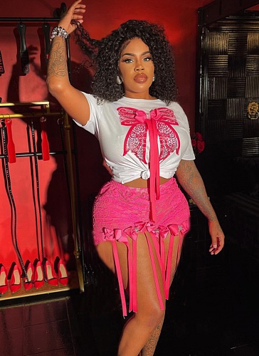 Sexy 3D Butterfly Print Loose Top Lace Shorts Suit