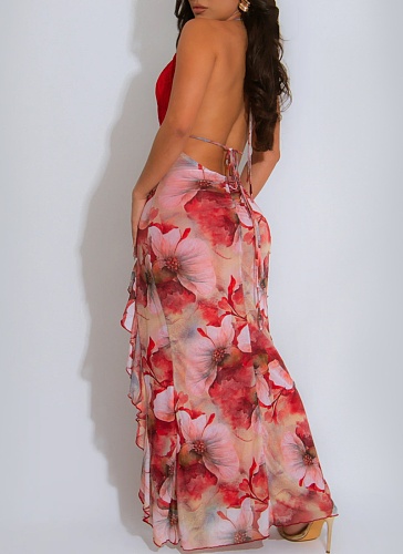 Fashion Sexy Deep V Halter Neck Slim Print Dress For Women