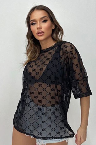 Sexy See-through Letter Drop Shoulder Sleeve Mesh T-shirt
