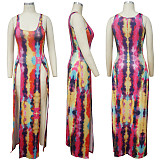 Fashion Women's Printed Beach Dress Gradient Slit Suspender Dress