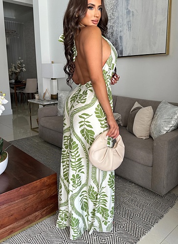 Casual Sexy Deep V Neck Backless Printed Jumpsuit