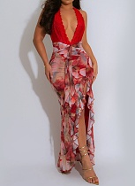 Fashion Sexy Deep V Halter Neck Slim Print Dress For Women