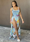 Fashion Women's Printed Beach Dress Gradient Slit Suspender Dress