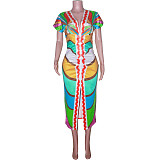 Ethnic Style V-neck Tight Slit Positioning Pleated Dressen