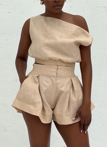 Fresh Off-the-shoulder Shirt With High Waist and Wide-leg Shorts Two-piece Suit