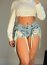 Fashionable Hot Girl Drawstring High Waist Denim Shorts