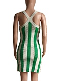 New Fashion Temperament Green Striped Hollow Knitted Suspender Dress For Women