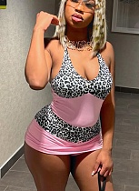 Sexy Contrast Leopard Print Sleeveless Camisole Top Hip-hugging Short Dress