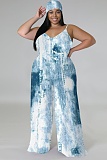 Sleeveless V-Neck Thin Sling Print Wide-Leg Jumpsuit (With Headscarf)