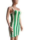 New Fashion Temperament Green Striped Hollow Knitted Suspender Dress For Women