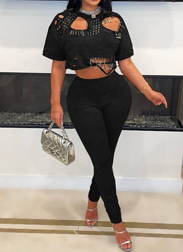 New Spring And Summer Fashion Round Neck Hole Pin Short T-Shirt Solid Color Trousers Two-Piece Suit