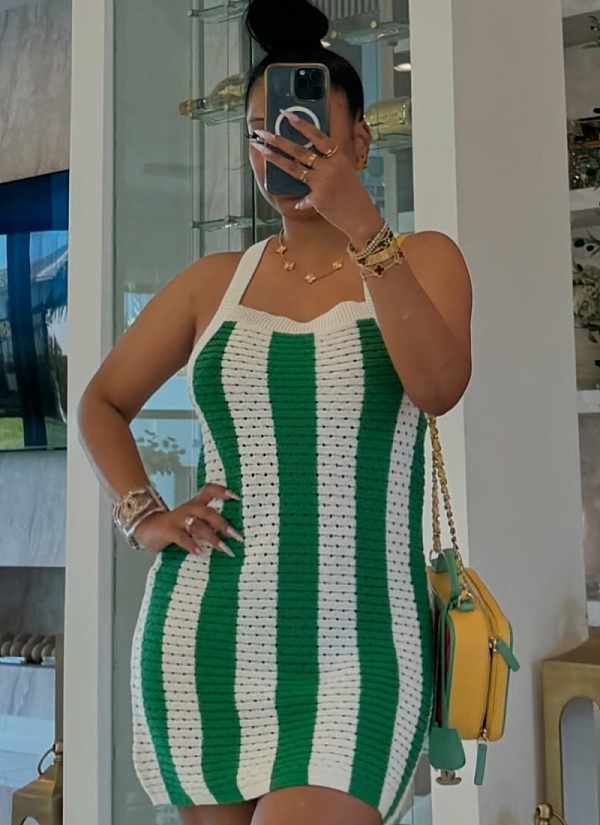 New Fashion Temperament Green Striped Hollow Knitted Suspender Dress For Women