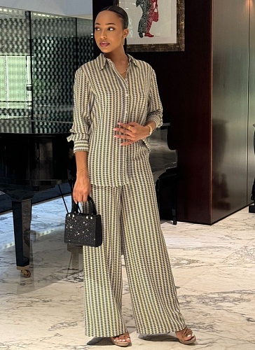 Fashion Casual Printed Long-Sleeved Shirt Wide-Leg Pants Two-Piece Suit For Women In Spring