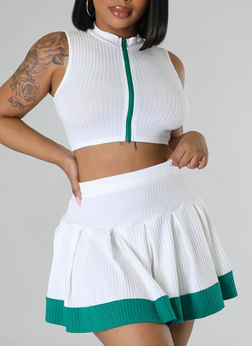 Fashion Sleeveless Cardigan Vest Belly-exposing Slim Short Skirt Two-piece Set