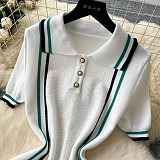 French Retro Lapel Contrast Color Waist Slim Ruffle Sweater Dress