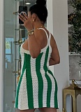 New Fashion Temperament Green Striped Hollow Knitted Suspender Dress For Women