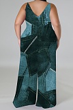 Sleeveless V-Neck Thin Sling Print Wide-Leg Jumpsuit (With Headscarf)