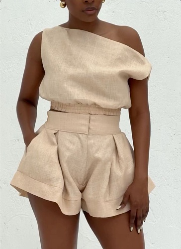 Fresh Off-the-shoulder Shirt With High Waist and Wide-leg Shorts Two-piece Suit