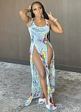 Fashion Women's Printed Beach Dress Gradient Slit Suspender Dress